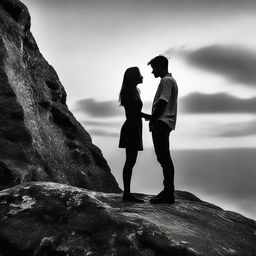 Create an image of two lovers exchanging glances. The standing boy is seen in black and white while the side-faced girl on a rocky cliff during sunset is vividly colored.