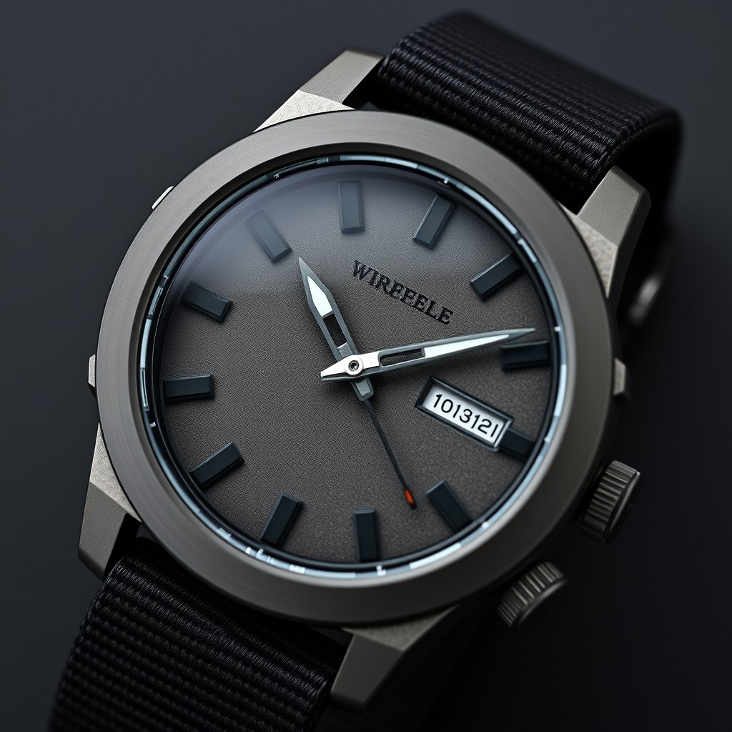 A rugged wristwatch design inspired by Torefjell mountains, featuring a rough, textured metallic grey and black case with matte and brushed finishes