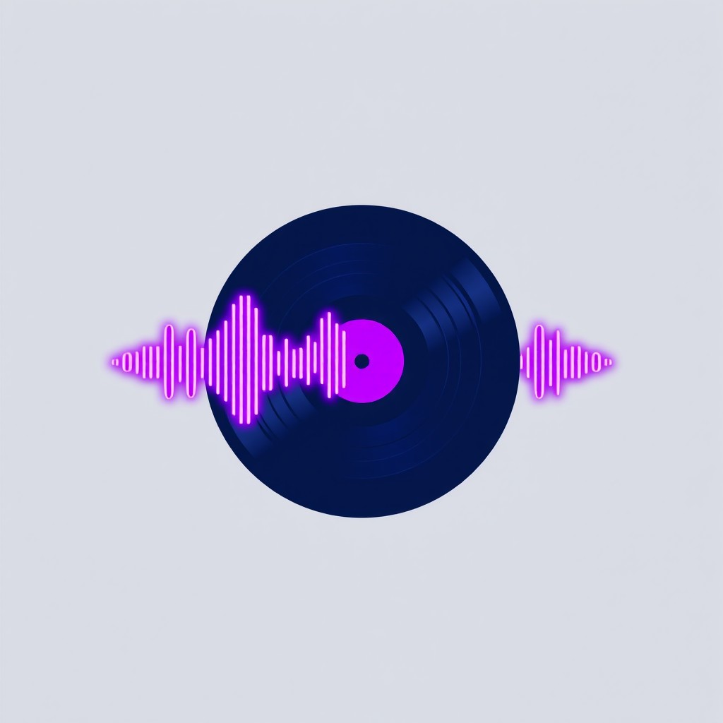 A minimal logo design featuring a stylish sound wave or a vinyl record, incorporating vivid neon colors like dark blue and purple
