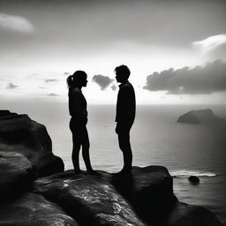 Create an image of two lovers exchanging glances. The standing boy is seen in black and white while the side-faced girl on a rocky cliff during sunset is vividly colored.