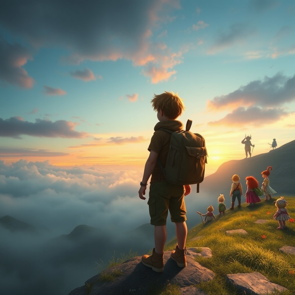 Alex, a weary traveler, stands at the edge of a dreamlike landscape, a surreal world filled with whimsical characters and vibrant colors