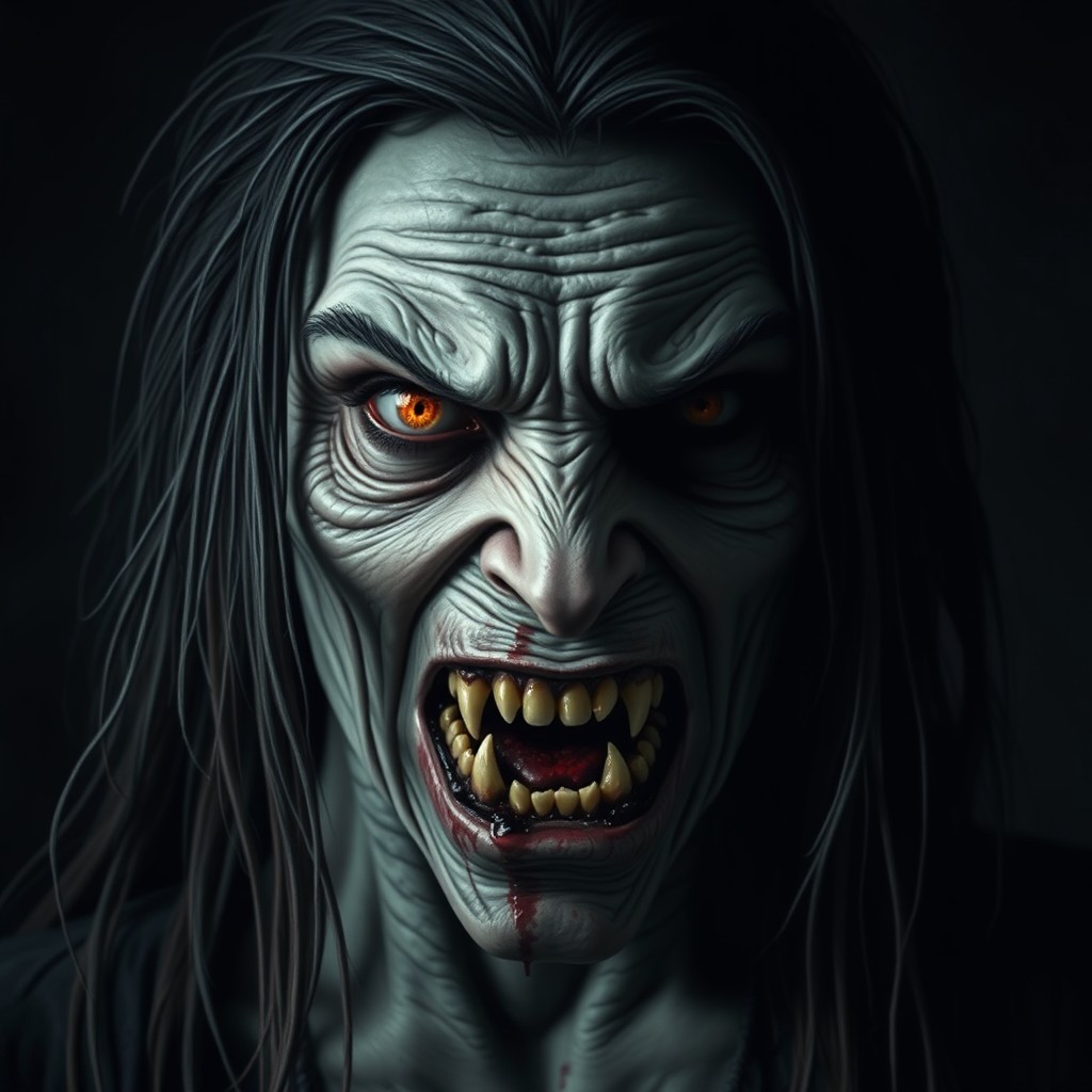 A haunting portrait of a character named Annis Hag, featuring long, disheveled hair and a wrinkled, menacing face