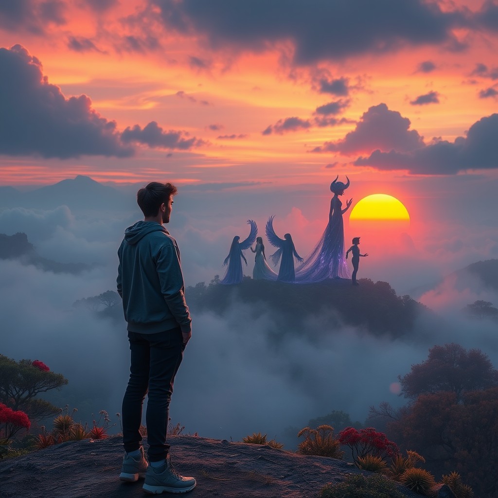 Alex, a 23-year-old man, stands solemnly at the threshold of a dreamlike world that he has traversed