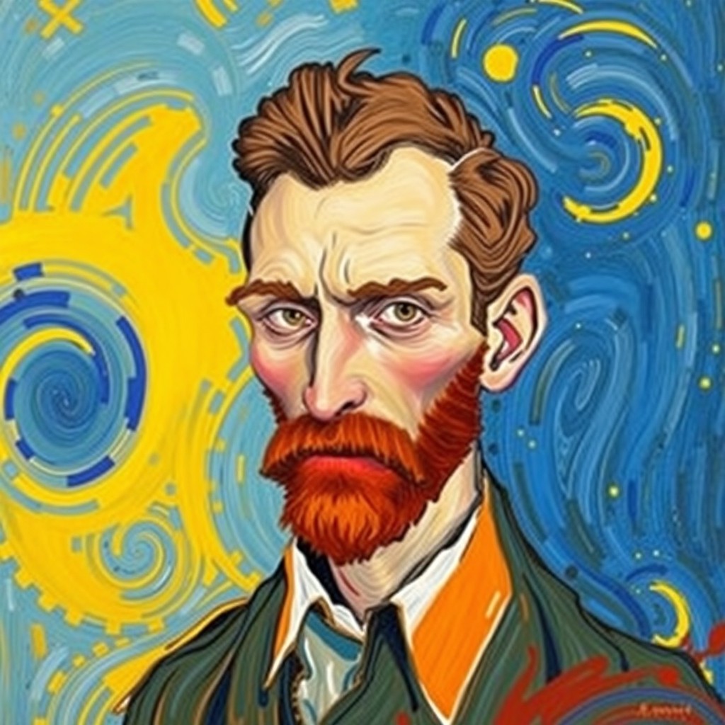 A vibrant and expressive portrait inspired by Vincent van Gogh, featuring a figure with bold brushstrokes and swirling colors typical of his style