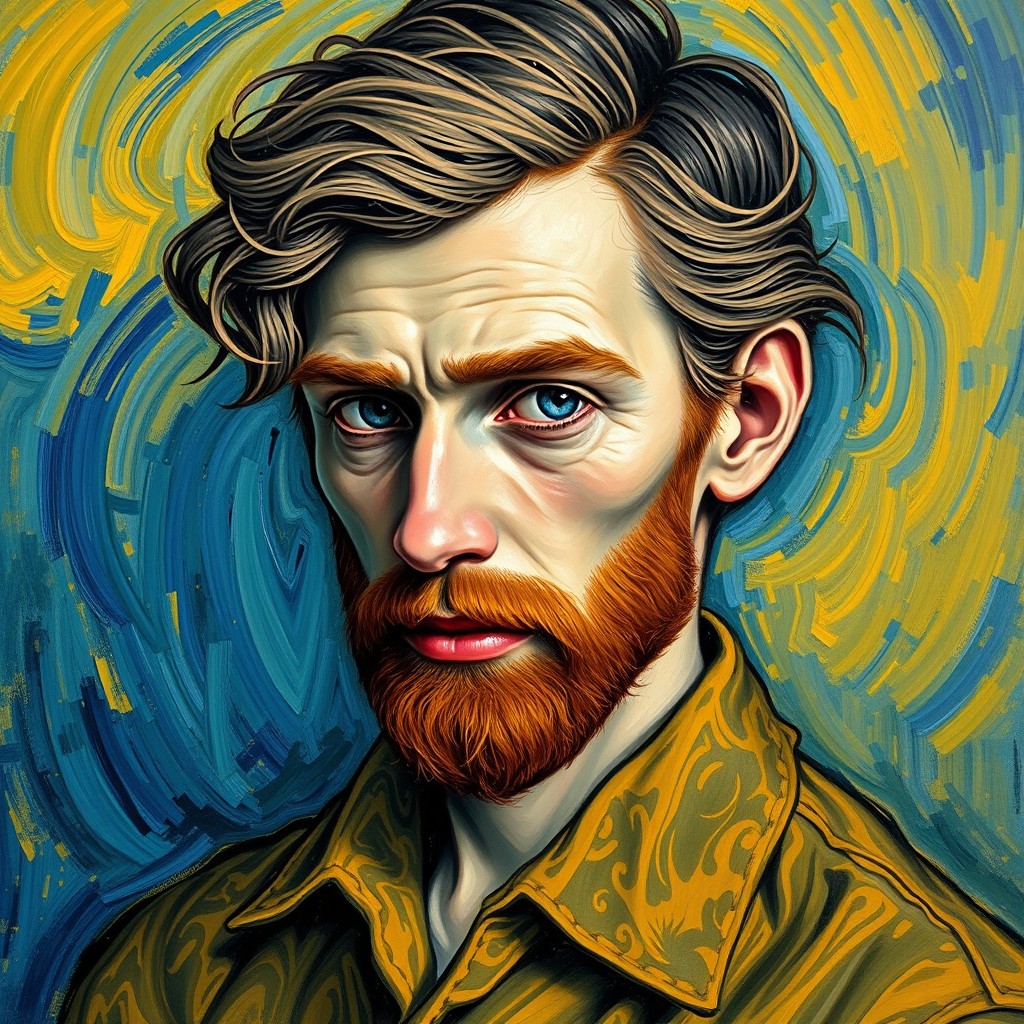 A portrait in the style of Vincent van Gogh, featuring a vibrant use of color and dynamic brush strokes