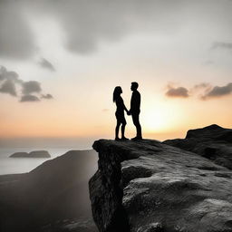 Create an image of two lovers exchanging glances. The standing boy is seen in black and white while the side-faced girl on a rocky cliff during sunset is vividly colored.