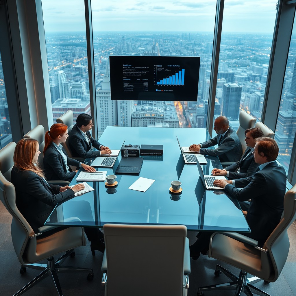 An elegant and modern business meeting setup in a high-rise office, featuring a large glass table surrounded by high-backed executive chairs