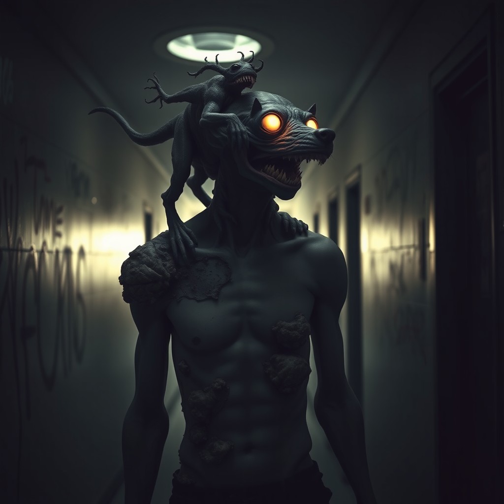 A mutant, deformed man standing in a dimly lit school corridor, where strange organic growths resembling fungi or fleshy mutations cover parts of his body