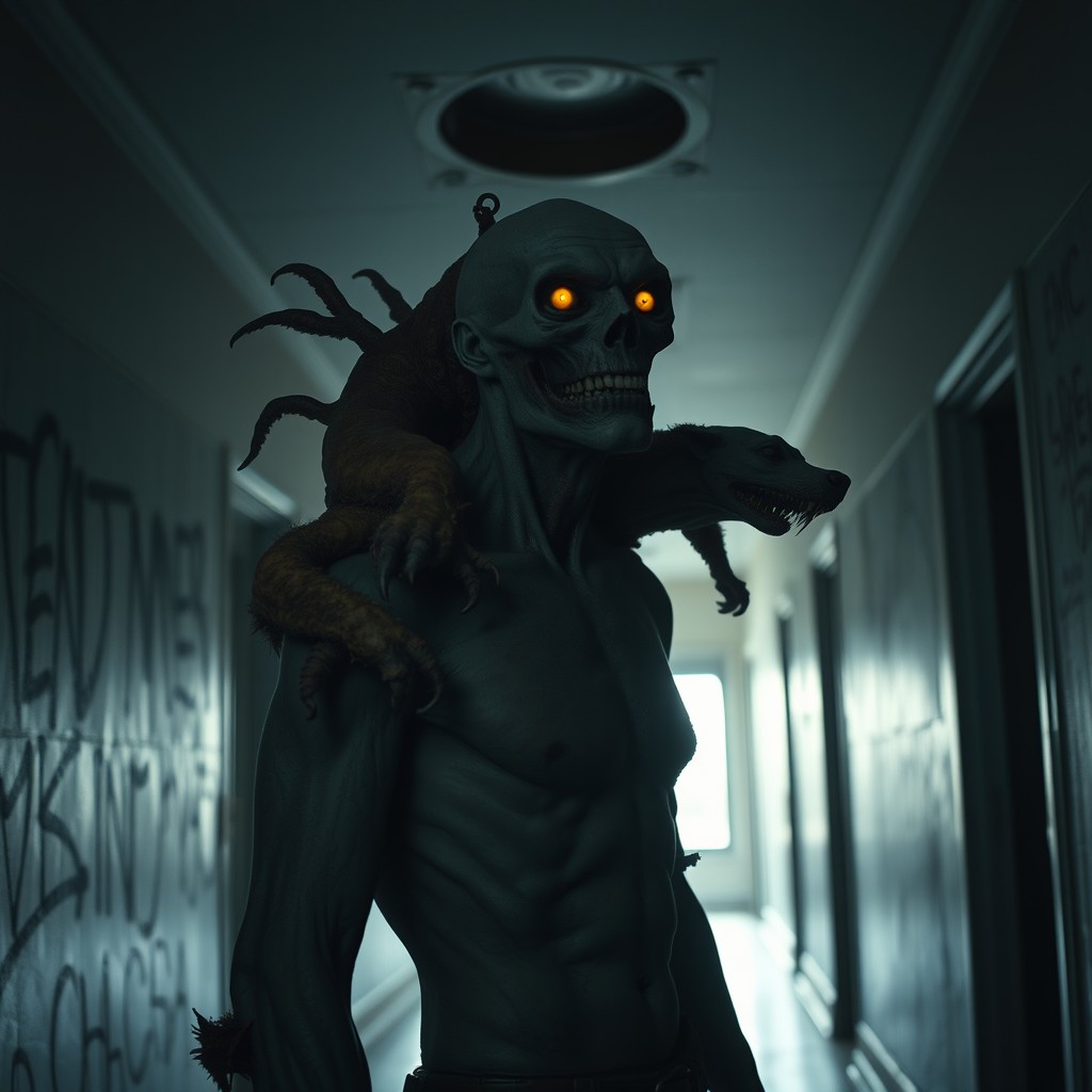 A mutated and deformed man stands ominously in a dark school corridor, with strange organic growths resembling fungi and fleshy mutations covering parts of his body