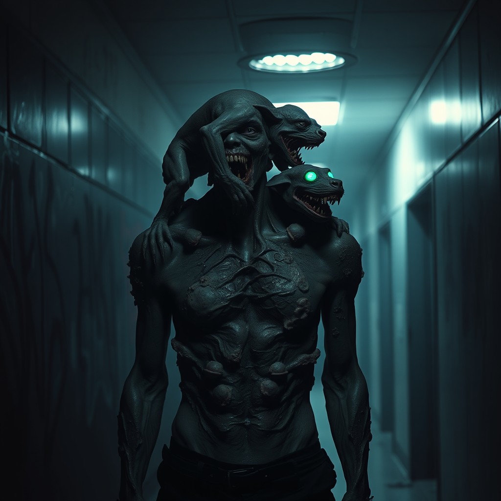 A heavily infected, deformed, and mutated man standing in a dark school corridor