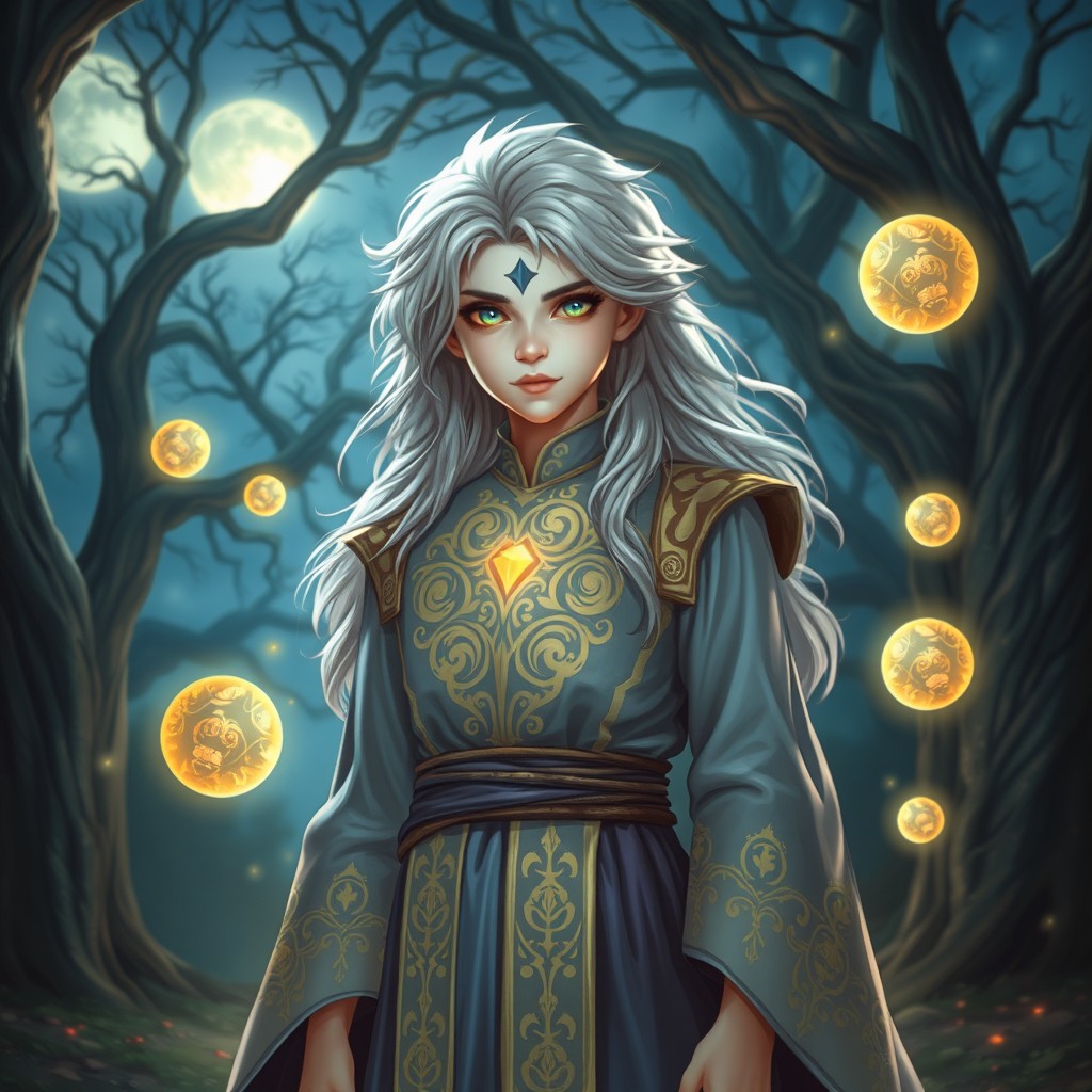 A young Aasimar Sorcerer standing confidently in a magical forest at twilight