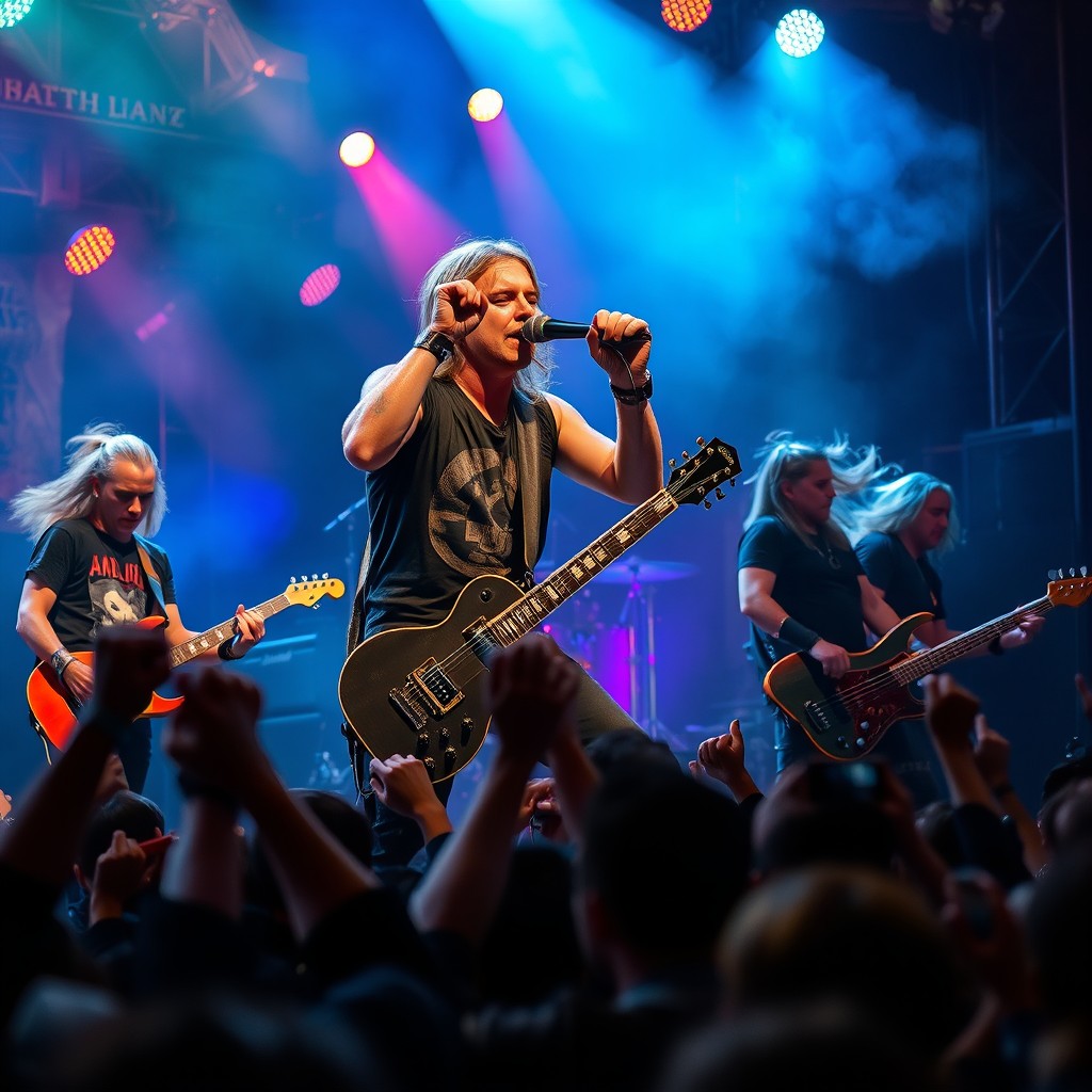 A powerful rock metal band performing live on stage, with the lead vocalist passionately singing into the microphone, surrounded by energetic guitarists and a dynamic drummer