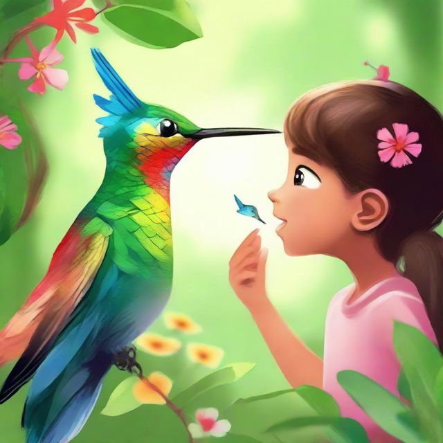 A vibrant hummingbird speaking to a small girl, as her fond boyfriend observes her with deep affection