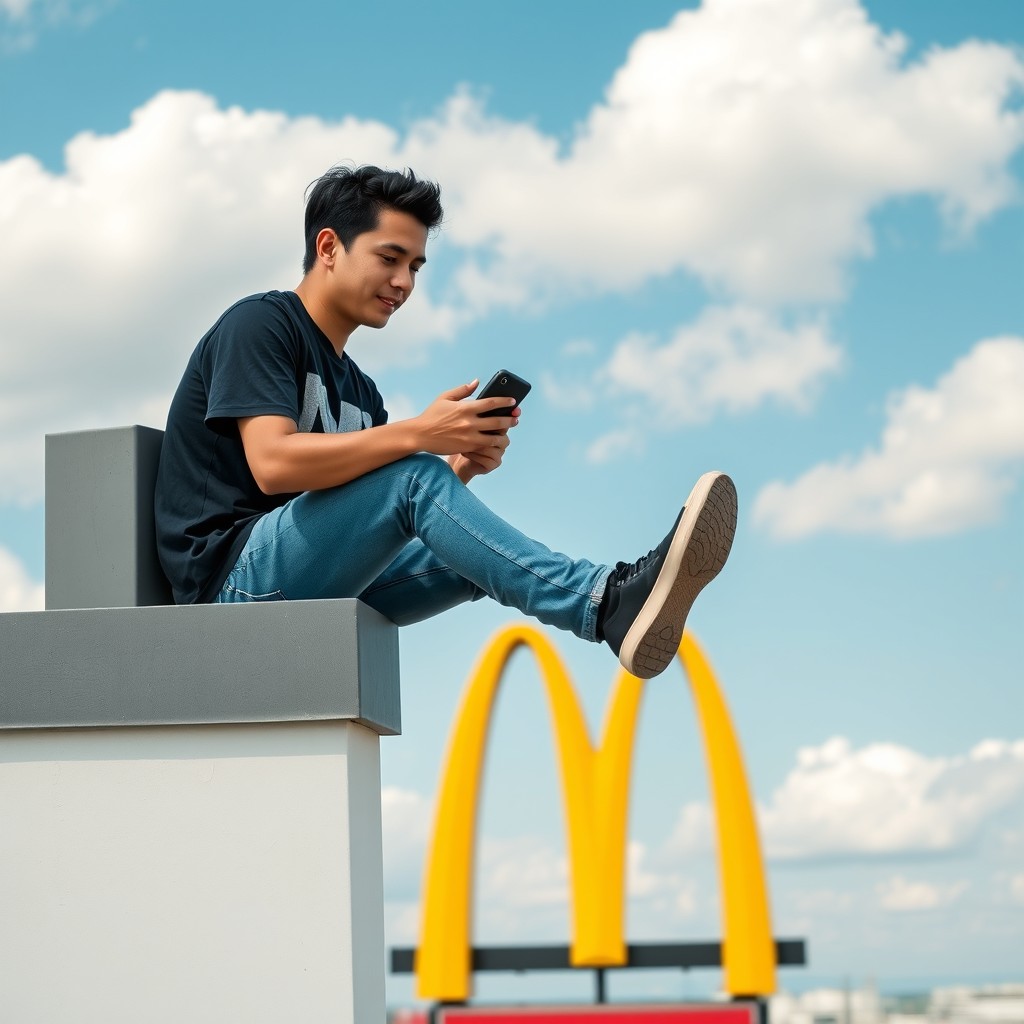 A young man sitting on the roof of a McDonald's building, casually watching a video on his smartphone