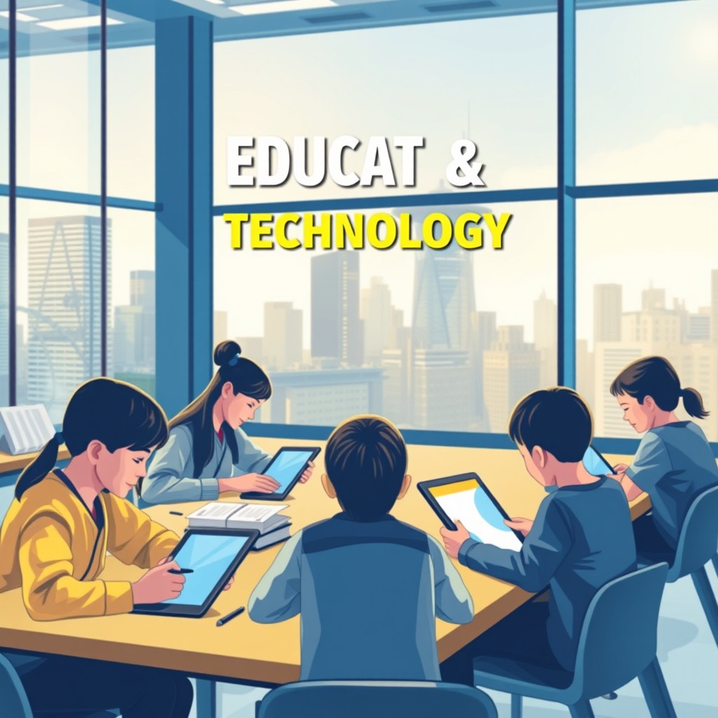 A book cover design focusing on the theme of education and technology, featuring a modern classroom with students engaged with technology such as tablets and interactive screens