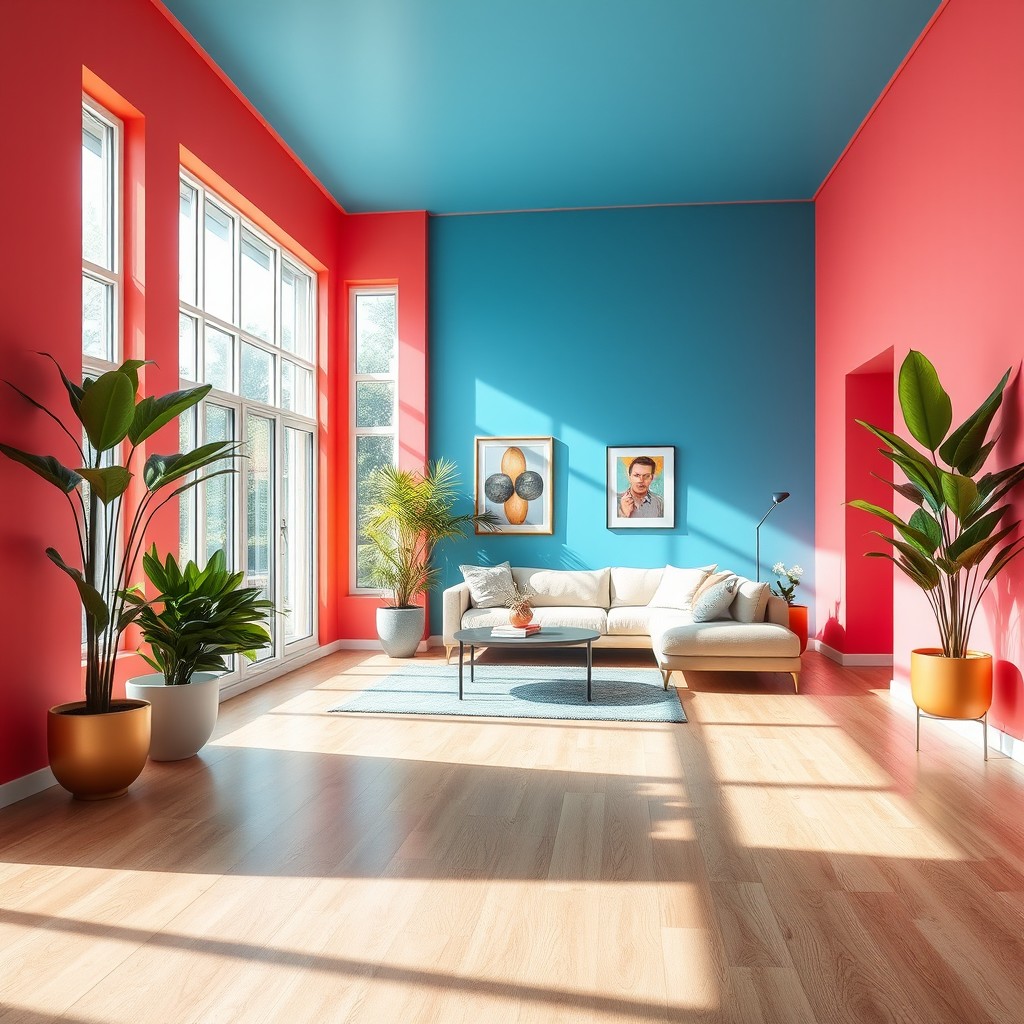 A vibrant and inviting room interior showcasing freshly painted walls in a bright color palette, complemented by stylish flooring that resembles polished wood