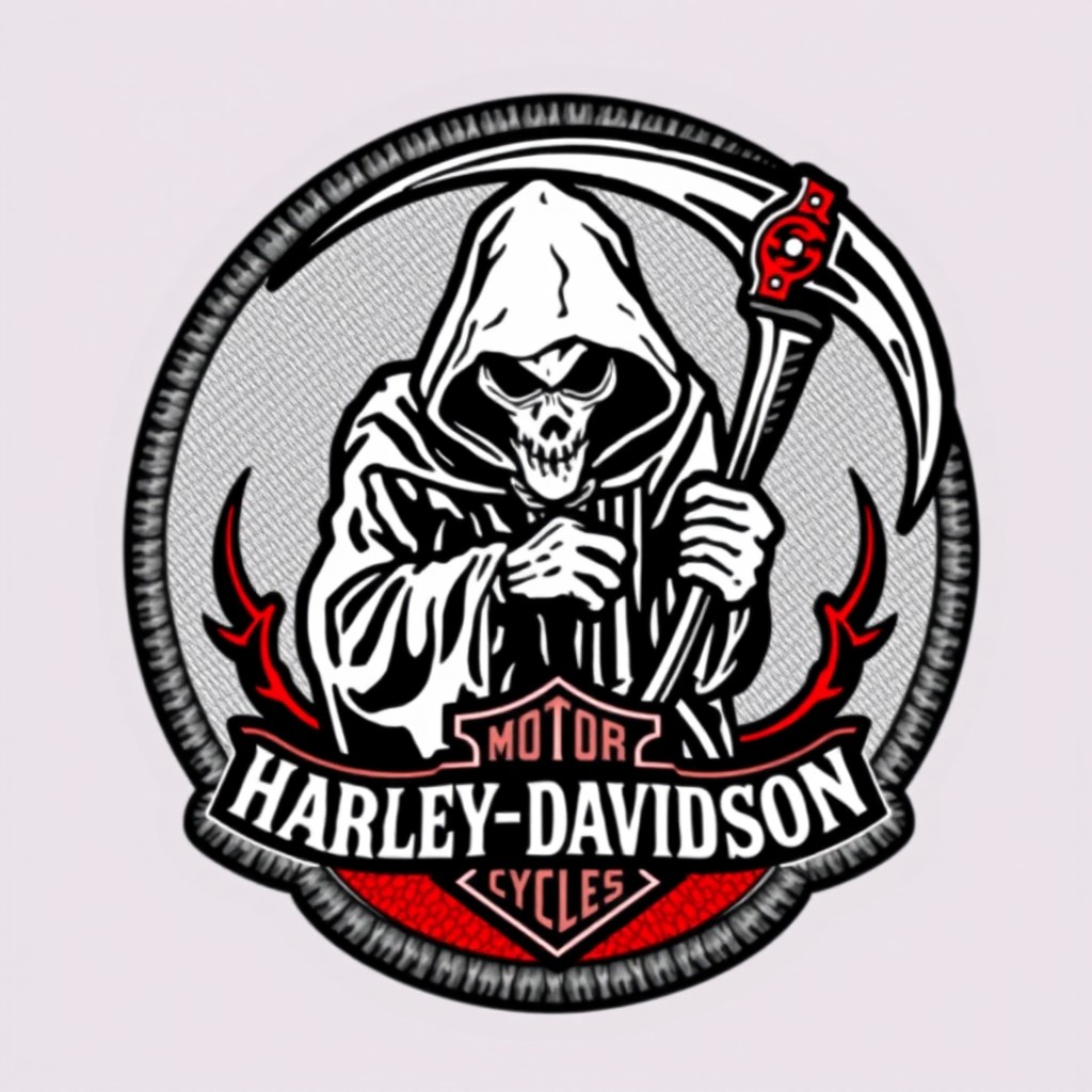 A vintage motorcycle patch logo featuring a reaper hiding his face while holding a scythe, with a Harley Davidson bottom rocker incorporated into the design