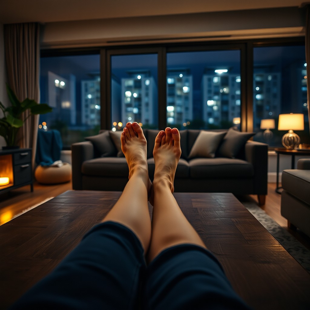A realistic interior scene of a modern living room at night