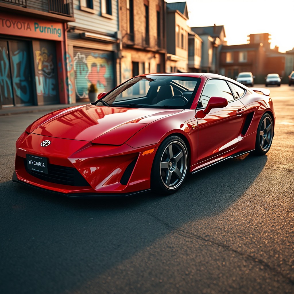 A beautifully restored Toyota MR2, featuring a sleek and modern design with classic elements, showcasing a vibrant red exterior with glossy paint