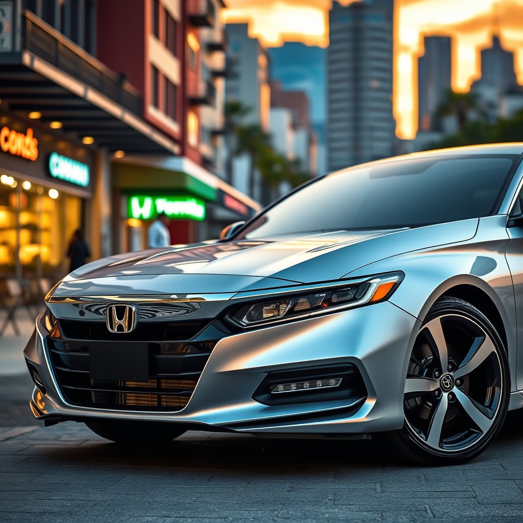 A sleek, modern Honda Accord parked in a stylish urban setting, showcasing its aerodynamic design and glimmering silver paint