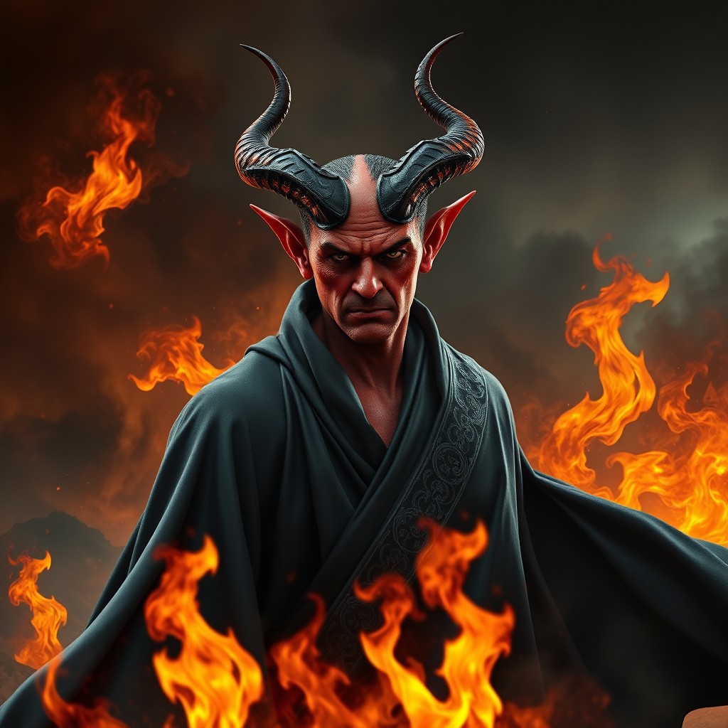 a dramatic and alluring figure of a devil, featuring striking red skin, large curled horns, and an engaging expression