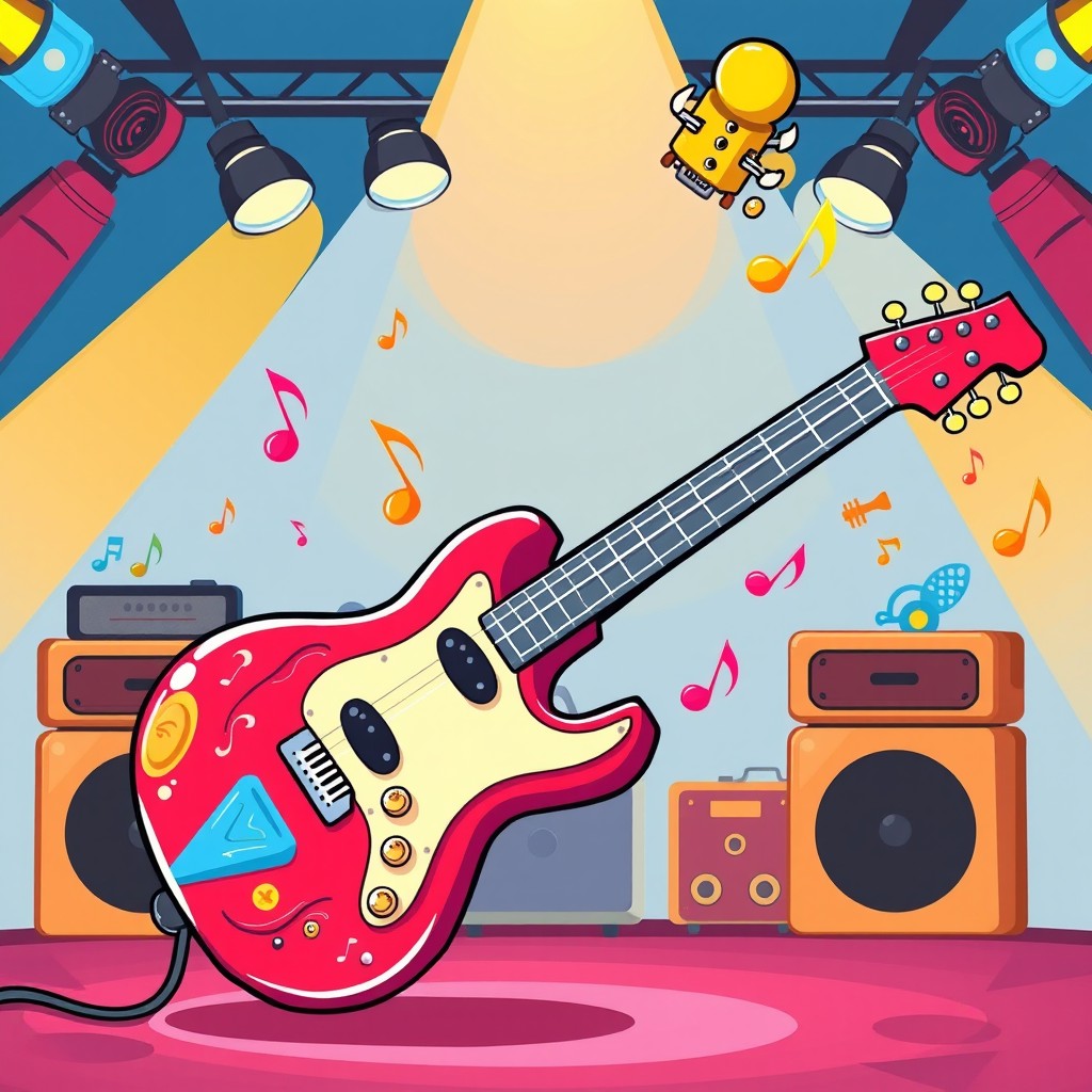 A vibrant and playful cartoon-style electric guitar, featuring exaggerated curves and bright colors like red, blue, and yellow