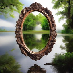 A majestic mirror reflecting a divine visage camouflaged within the splendid diversity of nature, while nearby humans remain lost in their own world, oblivious to the ethereal sight.