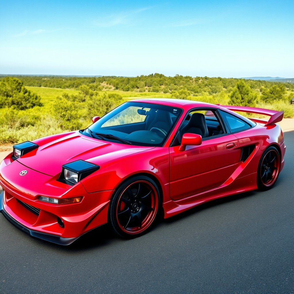 A stunning Toyota MR2 W20 restomod, featuring a sleek and modernized exterior with a glossy red paint job, upgraded aerodynamic body kit, custom alloy wheels, and enhanced LED lighting