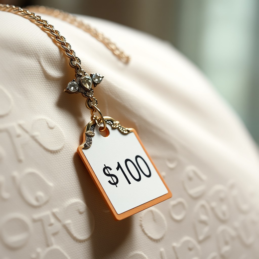 A close-up image of an elegant necklace gracefully draped over a softly textured surface, with a prominent price tag attached to it that clearly displays the price of $100
