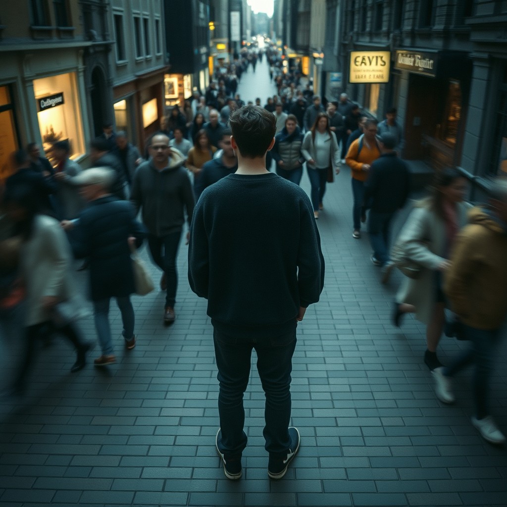 A cinematic overhead shot capturing a person standing still on a brick city sidewalk, wearing a dark oversized sweater