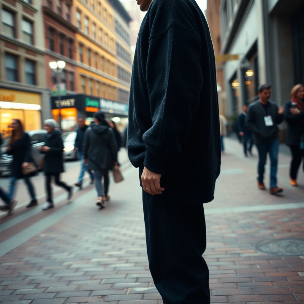 A cinematic overhead shot focusing on a person standing still on a brick city sidewalk, wearing a dark oversized sweater