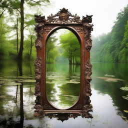 A majestic mirror reflecting a divine visage camouflaged within the splendid diversity of nature, while nearby humans remain lost in their own world, oblivious to the ethereal sight.