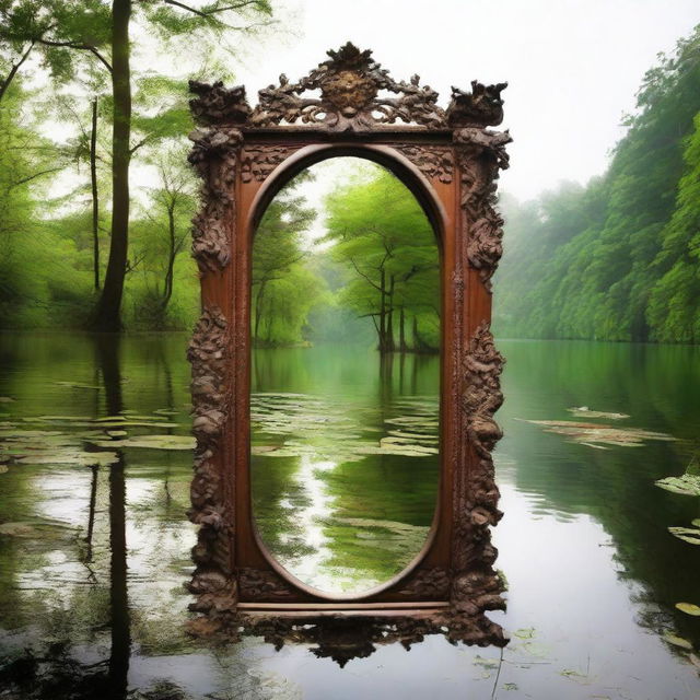 A majestic mirror reflecting a divine visage camouflaged within the splendid diversity of nature, while nearby humans remain lost in their own world, oblivious to the ethereal sight.