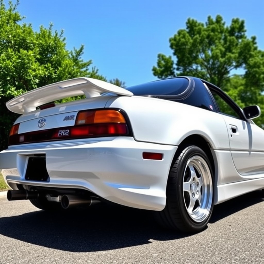 A captivating rear view of a Toyota MR2 W20 restomod, featuring its iconic shape blended with modern enhancements