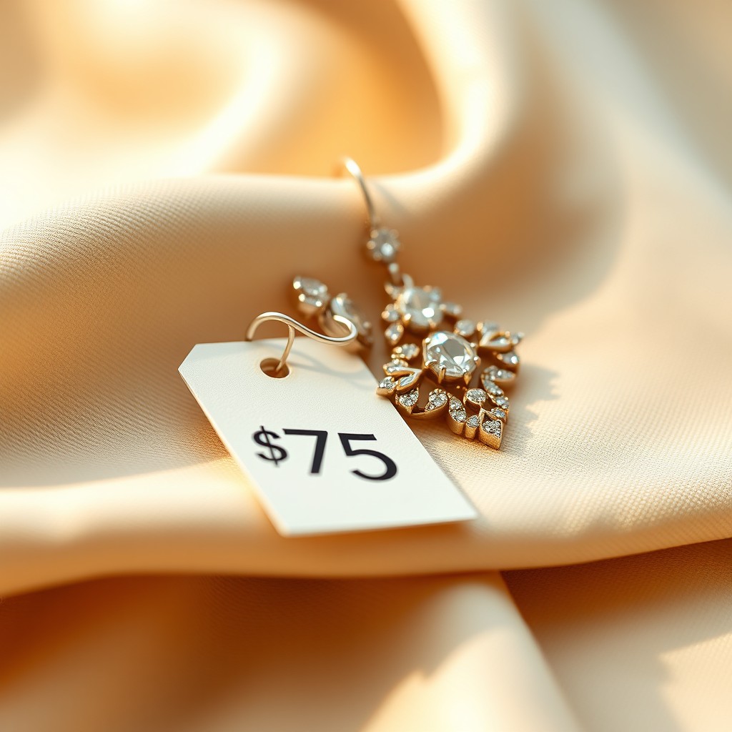 A beautifully arranged close-up image of a pair of elegant earrings elegantly displayed on a soft fabric surface, with a clear price tag attached showcasing the price of $75