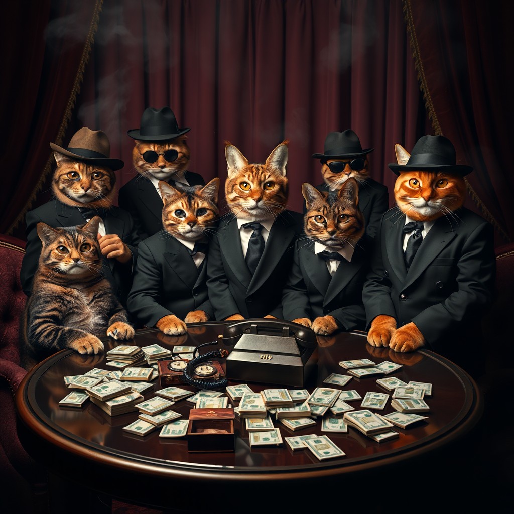 A group of dapper cats portraying mafia members, each dressed in stylish black suits with fedoras and sunglasses