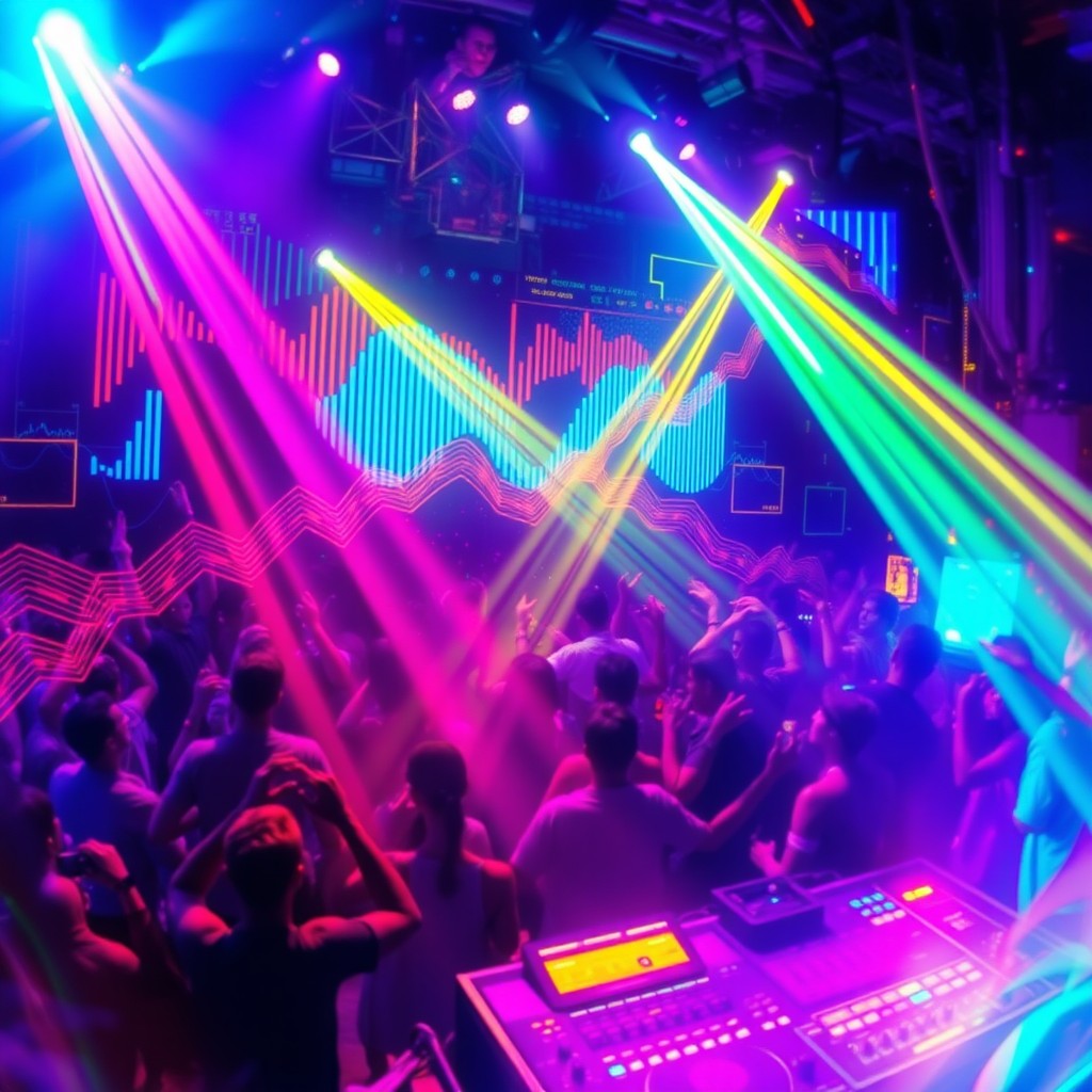 A vibrant and dynamic abstract representation of techno music, featuring pulsating neon lights, colorful soundwaves, and intricate geometric patterns