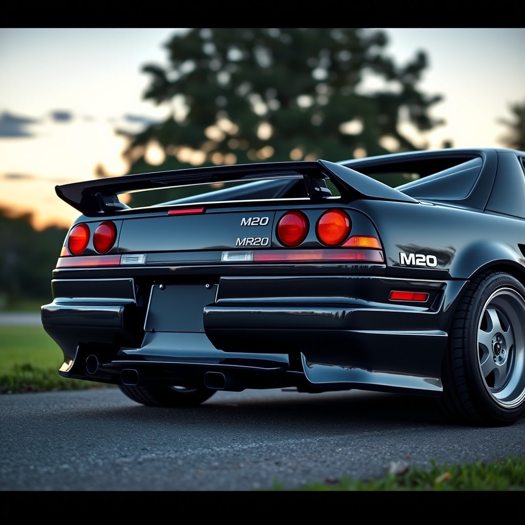 A detailed rear view of a Toyota MR2 W20 restomod, featuring distinctive oval taillights that enhance its sporty aesthetic