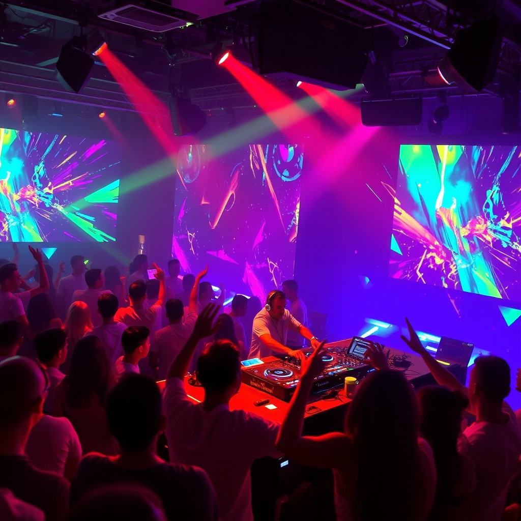 A vibrant and energetic techno music scene featuring an electrifying DJ on stage, surrounded by pulsating lights and abstract visual projections