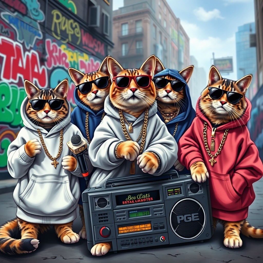 A vibrant scene featuring a group of cool cats styled as rap artists, each showcasing a unique street fashion look