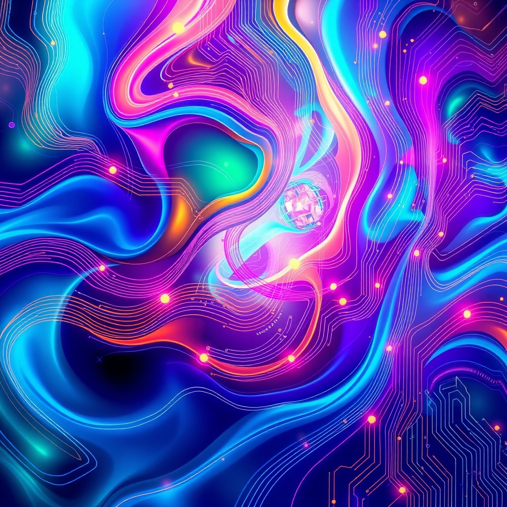 A mesmerizing abstract composition featuring vibrant colors and intricate patterns, inspired by technological and digital aesthetics