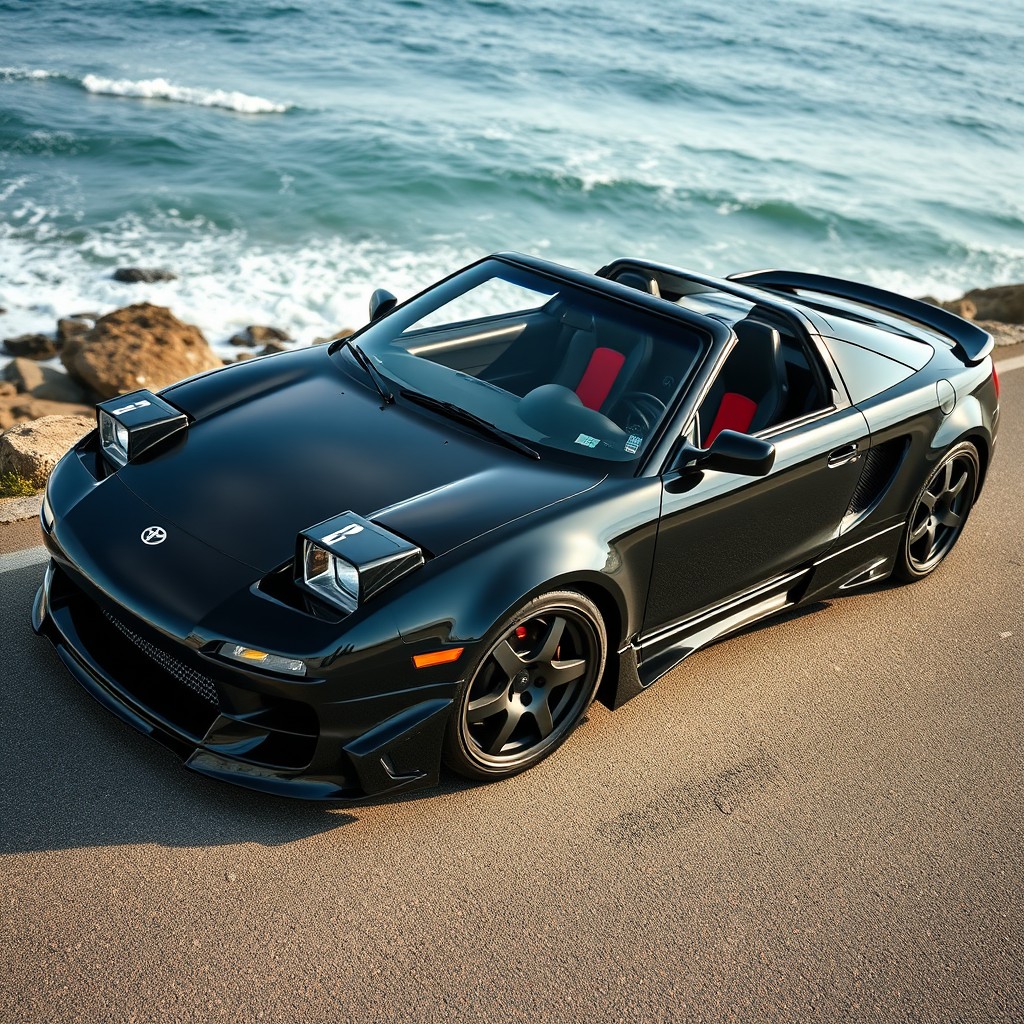 A large, detailed view of a Toyota MR2 W20 restomod, designed without an aileron, featuring an impressive glossy black finish that reflects the surrounding environment
