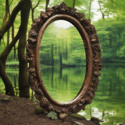 A majestic mirror reflecting a divine visage camouflaged within the splendid diversity of nature, while nearby humans remain lost in their own world, oblivious to the ethereal sight.