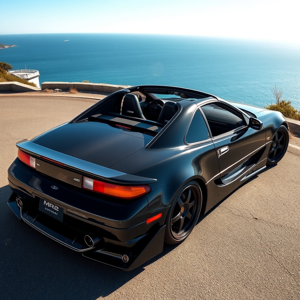 A large, stunning view of a Toyota MR2 W20 restomod, showcasing its elegant design without a rear wing (becquet arrière)