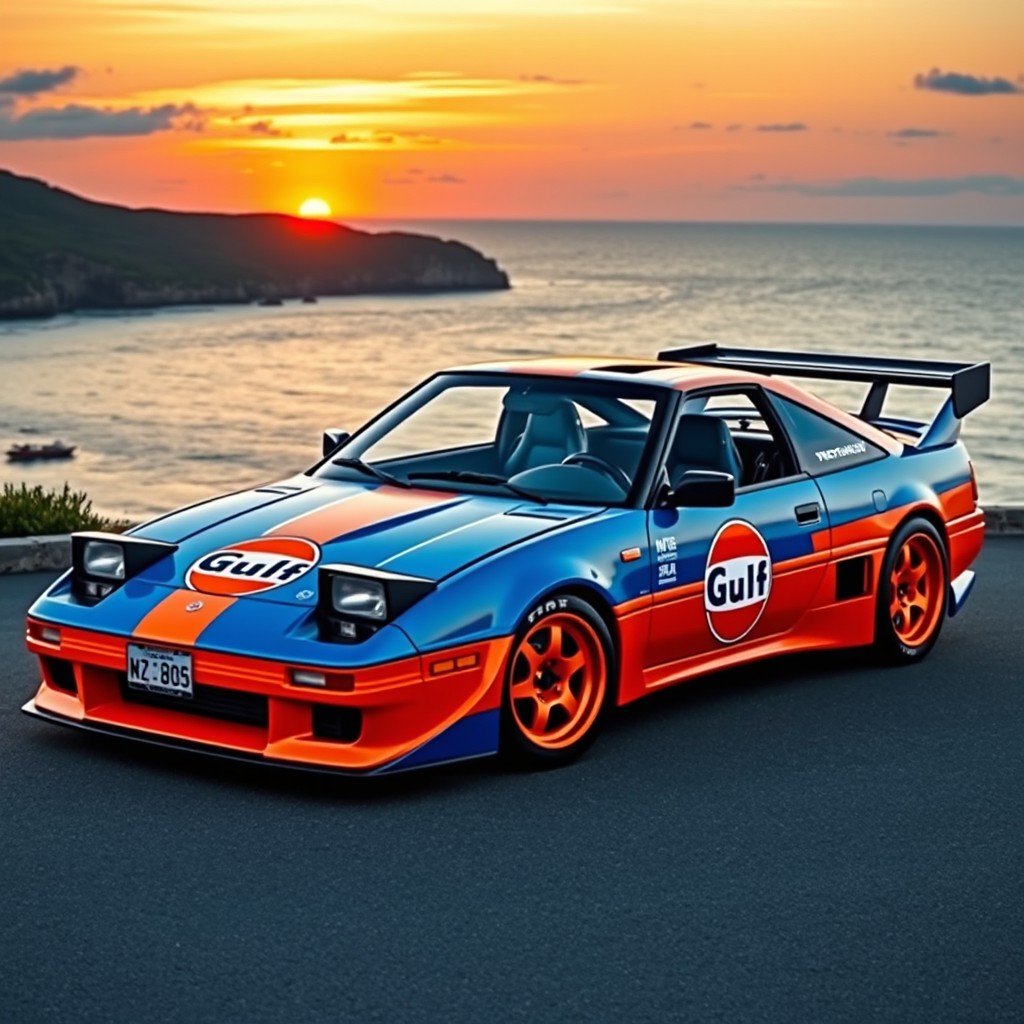 A large, vibrant depiction of a Toyota MR2 W20 restomod, designed without a rear wing (becquet arrière), featuring a stunning Gulf Oil racing livery in iconic blue and orange colors