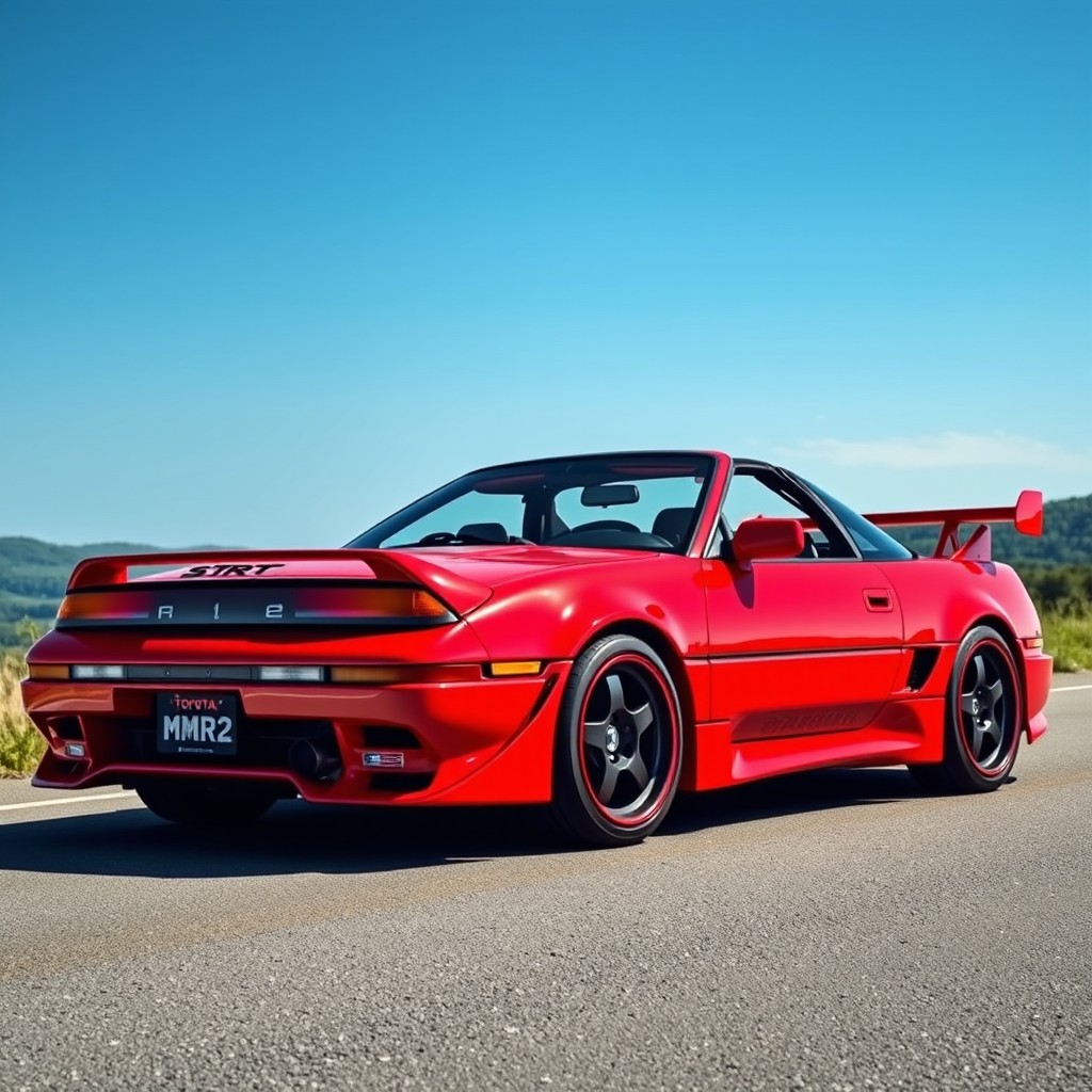 A large, striking depiction of a Toyota MR2 W20 restomod, featuring a sleek design without a rear wing (becquet arrière)