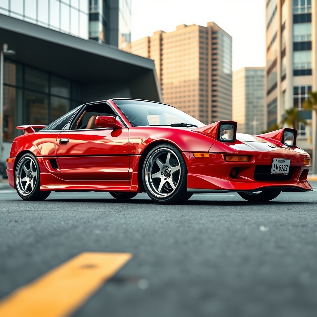 A large, striking depiction of a Toyota MR2 restomod, showcasing its classic design beautifully restored and upgraded