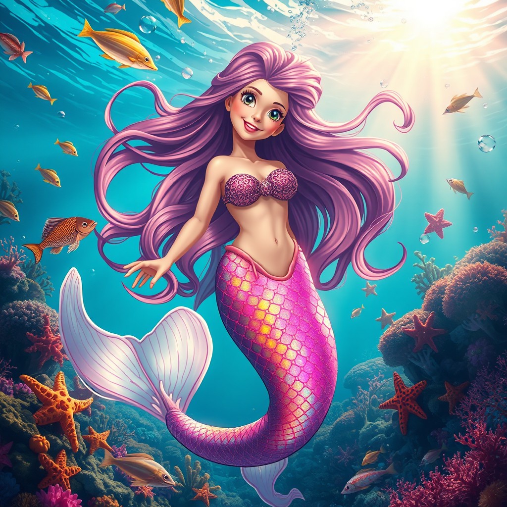 A stunning underwater scene featuring a beautiful mermaid with long flowing hair and iridescent scales