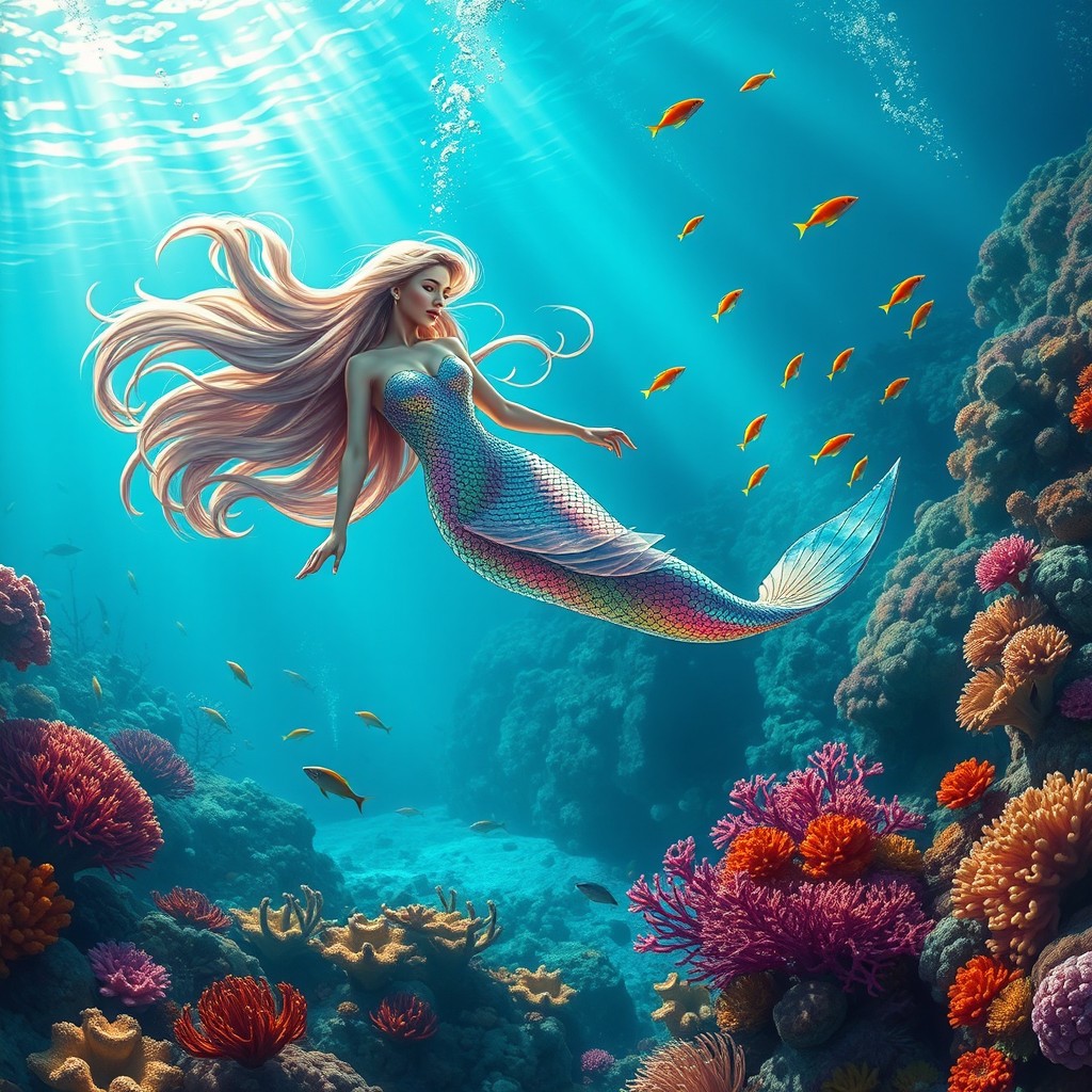 A stunning underwater scene featuring a graceful mermaid swimming amidst vibrant coral reefs