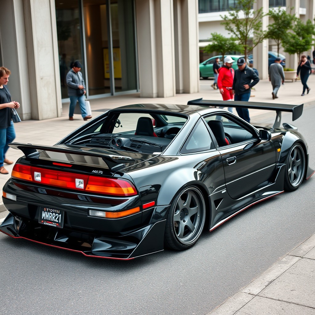 A large, striking portrayal of a Toyota MR2 restomod with impressive wide-body fenders (ailes large) that enhance its sporty stance